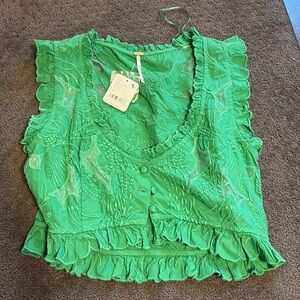 Free People Crop Top, NWT, size XS- Green with embroidery